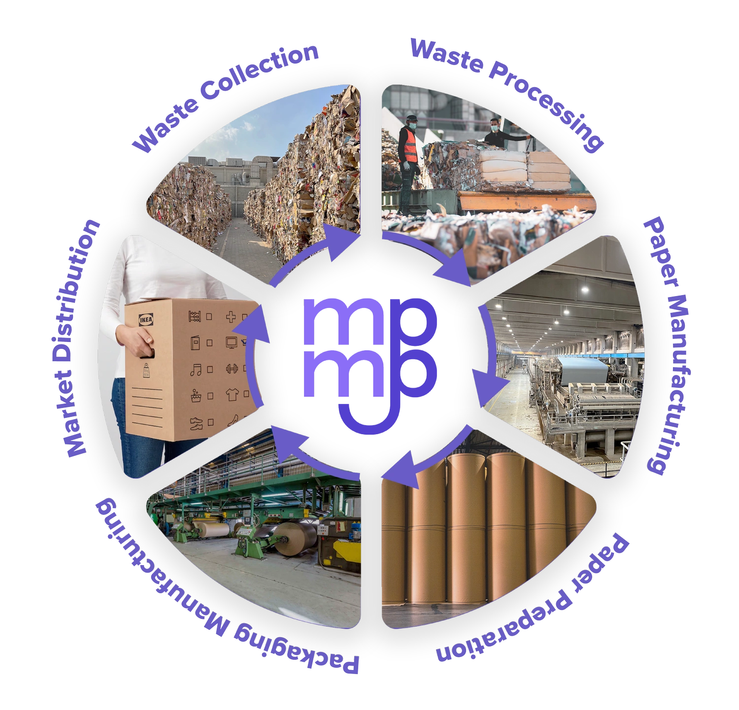 Circular paper process from waste collection to paper manufacturing, packaging and distribution